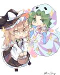  2girls absurdres apron back_bow black_dress black_footwear blonde_hair bow braid chibi commentary crescent dress frilled_dress frilled_hat frills ghost_costume ghost_pose ghost_tail green_eyes green_hair hair_bow halloween halloween_costume hat hat_bow highres juliet_sleeves kirisame_marisa kuma_xylocopa long_hair long_sleeves mima_(touhou) multiple_girls open_mouth puffy_sleeves single_braid star_(symbol) touhou touhou_(pc-98) waist_apron white_bow witch_hat yellow_eyes 