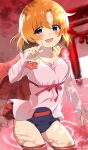  1girl :d absurdres bakemonogatari bangs blue_eyes blue_swimsuit blurry blurry_background blush breasts collarbone commentary_request cosplay eyebrows_visible_through_hair hand_up happy highres higurashi_no_naku_koro_ni jacket jacket_on_shoulders long_sleeves looking_at_viewer mashimaro_tabetai medium_hair monogatari_(series) open_mouth orange_hair outdoors pink_shirt pointing pouch red_jacket red_ribbon ribbon ryuuguu_rena school_swimsuit sengoku_nadeko sengoku_nadeko_(cosplay) shadow shiny shiny_hair shirt smile solo standing swimsuit swimsuit_under_clothes torii wading water 