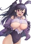  1girl azur_lane bangs bare_shoulders black_hair black_leotard blush breasts covered_navel cowboy_shot eyebrows_visible_through_hair fang hair_ornament heart heart-shaped_pupils highres huge_breasts inari_jin jacket large_breasts leotard long_hair long_sleeves looking_at_viewer off_shoulder open_mouth pamiat_merkuria_(azur_lane) playboy_bunny purple_jacket red_eyes simple_background skin_fang smile solo symbol-shaped_pupils thighs underboob white_background 