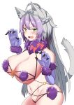  1girl ahoge animal_ears atalanta_(alter)_(fate) atalanta_(fate) bangs bare_shoulders blush breasts cat_ears cat_tail cleavage elbow_gloves fate/grand_order fate_(series) from_side gloves green_eyes grey_hair grey_tail highres large_breasts long_hair looking_at_viewer mash_kyrielight mash_kyrielight_(dangerous_beast) navel open_mouth purple_gloves purple_hair sideboob simple_background solo tail underboob white_background yuzu_kiro 