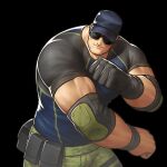  1boy absurdres bara baseball_cap blue_shirt bulge camouflage camouflage_pants clark_still commentary dobito_mn english_commentary feet_out_of_frame gloves green_pants hat highres male_focus muscular muscular_male pants pectorals shirt single_glove solo sunglasses the_king_of_fighters tight tight_shirt 