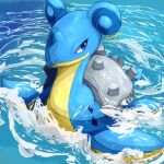  afloat blue_eyes closed_mouth commentary_request lapras looking_to_the_side no_humans outdoors pokemon pokemon_(creature) ripples shiny signature smile solo splashing tanpakuroom water 