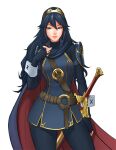  1girl belt blue_bodysuit blue_eyes blue_hair blue_tunic bodysuit bodysuit_under_clothes breasts cape falchion_(fire_emblem) fingerless_gloves fire_emblem fire_emblem_awakening gloves hairband long_hair looking_at_viewer louten lucina_(fire_emblem) simple_background small_breasts solo sword upper_body weapon white_background 