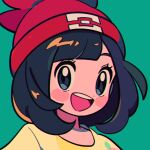  1girl :d bangs beanie black_hair blush_stickers chueog commentary eyelashes green_background grey_eyes hat looking_at_viewer medium_hair open_mouth pokemon pokemon_(game) pokemon_sm red_headwear selene_(pokemon) shirt simple_background smile solo t-shirt teeth tongue upper_body upper_teeth yellow_shirt 