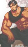  1boy abs bara bare_arms bare_pectorals bare_shoulders beard biceps black_hair black_pants black_tank_top clothes_lift dark-skinned_male dark_skin dobito_mn facial_hair feet_out_of_frame highres large_pectorals lifted_by_self male_focus mature_male multicolored_hair muscular muscular_male navel nipples original pants pectorals shirt_lift short_hair sitting solo stomach streaked_hair sweat tank_top white_hair 