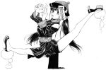  1girl absurdres bangs black_footwear black_hair chinese_clothes gagaimo greyscale hands_up hat high_heels highres long_hair long_sleeves looking_at_viewer monochrome ofuda original qing_guanmao simple_background solo split traditional_media twintails white_background 