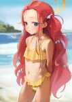  1girl absurdres alternate_costume arms_behind_back bikini blue_archive blue_eyes blurry blurry_background blush breasts collarbone dorontabi hair_ribbon halo highres looking_at_viewer navel red_hair ribbon small_breasts solo swimsuit yuzu_(blue_archive) 