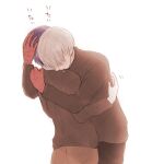  1boy 1girl bangs brown_pants brown_skirt brown_sweater colored_skin commentary_request couple grey_hair hair_over_eyes hand_on_another&#039;s_head hands_up hug kaneki_ken kirishima_touka leaning_back long_sleeves pants purple_hair red_skin shiny shiny_hair short_hair simple_background skirt sweater tokyo_ghoul tokyo_ghoul:re toukaairab translated 