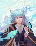  1boy animal_ears artist_name bangs blue_butterfly bug butterfly closed_mouth flower fox_boy fox_ears gloves guardian_tales highres holding holding_flower kane_5g korean_clothes long_hair looking_to_the_side multicolored_hair multiple_tails nine_tailed_fox_garam tail upper_body 