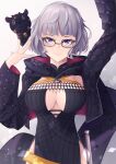  1girl absurdres black_collar black_dress collar cutout_above_navel dress elbow_gloves fate/grand_order fate_(series) glasses gloves grey_hair highres hood hooded_jacket jacket jacques_de_molay_(foreigner)_(fate) lamb looking_at_viewer regale short_dress single_elbow_glove solo strapless strapless_dress tube_dress 