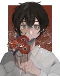  1boy aoao_suke arms_up black_eyes black_hair collared_shirt expressionless flower framed hair_between_eyes highres holding holding_flower long_sleeves looking_at_viewer male_focus original poppy_(flower) shirt short_hair solo white_shirt 