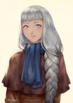  1girl bangs blue_eyes blue_scarf braid long_hair looking_at_viewer low-braided_long_hair platina portrait scarf silver_hair simon_jude solo_focus valkyrie_profile yellow_background 