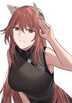  1girl absurdres animal_ear_fluff animal_ears black_sweater_vest breasts elinnasky eyebrows_visible_through_hair girls&#039;_frontline girls&#039;_frontline_neural_cloud highres large_breasts long_hair looking_at_viewer open_mouth persicaria_(girls&#039;_frontline_nc) red_eyes red_hair salute smile solo sweater_vest upper_body white_background 