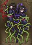  2girls belt black_bodysuit black_hair bodysuit commission commissioner_upload highres horns houjuu_nue injuotoko kijin_seija multicolored_hair multiple_girls red_belt red_eyes red_hair simple_background tentacles tongue tongue_out totally_spies touhou white_hair 