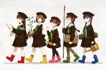  5girls absurdres bag beret black_hair blue_hair boots braid brown_hair child choker closed_eyes compass dated full_body glasses green_neckerchief hair_bun hair_ribbon hat highres long_hair looking_at_another map multiple_girls neckerchief open_mouth original oyari_ashito pantyhose pleated_skirt pole red_hair red_ribbon redrawn ribbon round_eyewear rubber_boots sailor_collar sapling school_uniform shadow short_hair shoulder_bag shovel signature simple_background skirt smile socks stick twintails walking watering_can 