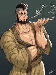  1boy alternate_costume bara beard black_hair casual cyphers damian_doyle_(cyphers) dark-skinned_male dark_skin dobito_mn facial_hair feet_out_of_frame highres japanese_clothes kimono large_pectorals male_focus mature_male mohawk muscular muscular_male open_clothes open_kimono original pectoral_cleavage pectorals scar scar_across_eye short_hair smoking solo yellow_kimono 