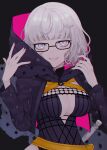  1girl bangs belt black_dress black_jacket blue_eyes breasts cleavage cropped_jacket dress fate/grand_order fate_(series) glasses grey_hair grin highres hood hooded_jacket jacket jacques_de_molay_(foreigner)_(fate) large_breasts long_sleeves looking_at_viewer open_clothes open_jacket short_hair smile solo sumi_(gfgf_045) 