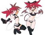  1girl absurdres armpits black_legwear black_skirt demon_girl demon_tail disgaea earrings etna flat_chest highres jewelry multiple_views navel parted_lips pointy_ears red_eyes red_hair skirt skull_earrings smile tail thighhighs tongue tongue_out whoopsatro wings 