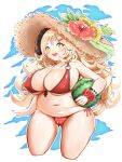  +_+ 1girl :d belly bikini blonde_hair blue_archive blush breasts cameltoe covered_nipples cropped_legs flower food front-tie_bikini front-tie_top fruit hair_ornament hairclip hat hat_flower havilaladlf hibiscus highres horns izumi_(blue_archive) large_breasts long_hair o-ring o-ring_bikini plump scrunchie side-tie_bikini smile straw_hat sunflower swimsuit very_long_hair watermelon wavy_hair wrist_scrunchie yellow_eyes 