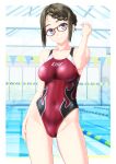  1girl absurdres black_hair blue_eyes breasts clothes_writing collarbone commentary_request competition_swimsuit contrapposto flame_print glasses groin highres indoors lane_line long_hair medium_breasts one-piece_swimsuit original pool red_swimsuit sidelocks smile solo string_of_flags striped striped_swimsuit swimsuit takafumi tied_hair 