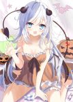  1girl :o aruka_(alka_p1) bangs bare_arms bare_shoulders barefoot black_bow blue_eyes blush bow breasts brown_dress candy collarbone commentary_request demon_girl demon_horns demon_tail dress eyebrows_visible_through_hair fang food frilled_dress frills hair_between_eyes halloween_bucket hammer_and_sickle hibiki_(kancolle) highres horns jack-o&#039;-lantern kantai_collection lollipop long_hair looking_at_viewer open_mouth sitting sleeveless sleeveless_dress small_breasts solo star_(symbol) strap_slip swirl_lollipop tail tail_raised verniy_(kancolle) very_long_hair wariza white_hair 