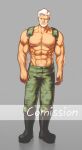  1boy abs arm_hair backpack bag bara beard camouflage camouflage_pants chest_hair commission dark-skinned_male dark_skin dobito_mn facial_hair full_body large_pectorals male_focus mature_male muscular muscular_male mustache navel navel_hair no_nipples old old_man original pants pectorals short_hair solo standing stomach topless_male watermark white_hair 