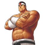  1boy abs bandaged_arms bara commentary crossed_arms daimon_gorou dark-skinned_male dark_skin dobito_mn dougi english_commentary headband male_focus mature_male muscular muscular_male navel pants pectorals plump short_hair smile solo stomach the_king_of_fighters topless_male white_pants 