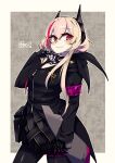  1girl alternate_breast_size bangs black_gloves black_jacket black_legwear black_scarf black_skirt breasts chichibu_(watson) clawed_gauntlets commentary_request commission girls&#039;_frontline gloves hairband highres jacket looking_at_viewer m4_sopmod_ii_(girls&#039;_frontline) red_eyes scarf skeb_commission skirt solo 