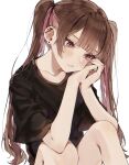  1girl absurdres bangs bare_legs black_shirt blush brown_hair closed_mouth commentary_request daluto_(hitomi555) ear_piercing hand_on_own_cheek hand_on_own_face highres knees_up long_hair mole mole_under_eye multicolored_hair original own_hands_together piercing pink_hair purple_eyes revision shirt short_sleeves simple_background solo twintails two-tone_hair white_background 