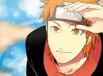  1boy akatsuki_(naruto) akatsuki_uniform black_cloak blue_sky cloak closed_mouth cloud cloudy_sky forehead_protector long_sleeves looking_at_viewer male_focus naruto naruto_(series) ninja orange_eyes orange_hair rainbow short_hair sky smile solo yahiko_(naruto) yazakc 