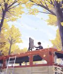  1boy autumn blue_sky canvas_(object) ginkgo highres ladder male_focus original outdoors painting scenery sky taizo4282 tree 