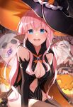  1girl :d alternate_costume bangs bare_shoulders black_cape black_headwear black_sleeves blue_eyes breasts cape cleavage clothing_cutout commentary detached_sleeves eyebrows_visible_through_hair gem ghost gya_(144) halloween hat highres jack-o&#039;-lantern large_breasts long_hair megurine_luka navel navel_cutout neck_ribbon orange_cape orange_headwear orange_ribbon outdoors pink_hair ribbon sitting smile solo teeth thighhighs two-sided_cape two-sided_fabric two-sided_headwear upper_teeth very_long_hair vocaloid witch_hat 