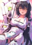  1girl black_gloves black_hair breasts dandelion_(girls&#039;_frontline) elbow_gloves girls&#039;_frontline gloves hat highres holding holding_syringe intravenous_drip iv_stand large_breasts long_hair multicolored_clothes multicolored_gloves nurse nurse_cap sitting solo syringe thighhighs very_long_hair white_gloves xlscaler yellow_eyes 