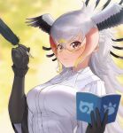  1girl bird_girl bird_wings black_gloves black_hair blonde_hair blush book brown_eyes collared_shirt commentary_request elbow_gloves eyebrows_visible_through_hair glasses gloves head_wings highres isho_k10000 japari_symbol kemono_friends kemono_friends_3 long_hair long_sleeves looking_at_viewer multicolored_hair neck_ribbon quill red_hair ribbon secretarybird_(kemono_friends) semi-rimless_eyewear shirt sidelocks solo upper_body white_hair white_ribbon white_shirt wings 