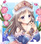  1girl atelier_(series) atelier_totori bare_shoulders blue_sleeves brown_eyes brown_hair detached_sleeves dress flower hat highres long_hair looking_at_viewer open_mouth shizuki_ayame skirt solo totooria_helmold 