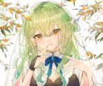  1girl absurdres antlers bangs blush braid branch breasts ceres_fauna cleavage dress earrings eyebrows_visible_through_hair flower green_hair green_nails hair_flower hair_ornament highres hololive hololive_english jewelry large_breasts long_hair looking_at_viewer mole mole_under_eye multicolored_hair side_braid smile solo tsuyuri_eri upper_body virtual_youtuber yellow_eyes yellow_flower 
