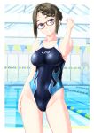  1girl absurdres black_hair black_swimsuit blue_eyes breasts clothes_writing collarbone commentary_request competition_swimsuit contrapposto flame_print glasses grin groin highres indoors lane_line long_hair medium_breasts one-piece_swimsuit original pool sidelocks smile solo string_of_flags striped striped_swimsuit swimsuit takafumi tied_hair 