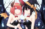  2girls :3 bangs bare_shoulders bare_tree bat between_breasts black_hair black_leotard bow bowtie breasts candy candy_cane chocolate commentary detached_collar food full_moon hair_between_eyes hair_ornament hairclip halloween hat hat_ribbon healther highres hitodama horns large_breasts leotard looking_at_viewer moon multiple_girls night orange_ribbon original purple_eyes red_bow red_bowtie red_eyes red_hair ribbon short_hair smile tombstone tree wings witch_hat wrist_cuffs 