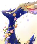  blue_eyes blurry commentary_request flower from_side goma_(nabepa_nabepa) highres looking_up no_humans pink_flower pokemon pokemon_(creature) solo upper_body xerneas yellow_flower 