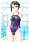  1girl absurdres black_hair black_swimsuit blue_eyes breasts clothes_writing collarbone commentary_request competition_swimsuit contrapposto flame_print glasses groin highres indoors lane_line long_hair medium_breasts one-piece_swimsuit original pool sidelocks smile solo string_of_flags striped striped_swimsuit swimsuit takafumi tied_hair 
