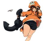  1girl absurdres anchor arm_up artist_name bangs black_shorts brown_eyes brown_hair guilty_gear guilty_gear_strive hat highres holding holding_anchor hood hood_down hoodie leg_up long_hair may_(guilty_gear) open_mouth orange_footwear orange_headwear orange_hoodie pirate_hat shoes shorts simple_background skull_and_crossbones smile solo white_background whoopsatro 