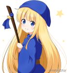  1girl bangs blonde_hair blue_dress blue_eyes blue_headwear broom closed_mouth commentary dress english_commentary eyebrows_visible_through_hair from_side highres holding holding_broom long_hair long_sleeves looking_at_viewer looking_to_the_side mitya mixed-language_commentary puyopuyo simple_background smile solo starry_background twitter_username very_long_hair white_background wide_sleeves witch_(puyopuyo) 