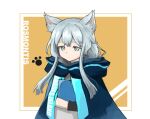  1girl animal_ears arknights bangs book book_hug cat_ears cat_girl character_name cloak closed_mouth commentary gloves green_eyes holding holding_book hood hooded_cloak long_hair ne_02240407 object_hug rosmontis_(arknights) silver_hair solo 