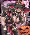 1girl bangs bat bent_over black_gloves black_headwear black_legwear blush boots breasts candy food gloves hair_between_eyes hand_on_own_ass hat hat_ornament highres jack-o&#039;-lantern large_breasts large_hat light_brown_hair lollipop long_hair nijisanji nui_sociere parted_lips pumpkin smile solo teeth thigh_boots thighhighs thighs witch_hat yaruku 