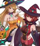  2girls alternate_costume bare_shoulders blonde_hair breasts candy chest_jewel cleavage fire food gonzarez halloween hat highres impossible_clothes large_breasts long_hair medium_hair multiple_girls mythra_(xenoblade) nopon pumpkin pumpkin_hat_ornament pyra_(xenoblade) red_eyes red_hair witch witch_hat xenoblade_chronicles_(series) xenoblade_chronicles_2 yellow_eyes 