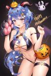  1girl :d animal_hands arm_strap bare_shoulders bikini black_bikini black_nails blue_hair breasts candy cleavage collarbone cowboy_shot criss-cross_halter fang food ganyu_(genshin_impact) genshin_impact gloves goat_horns hair_ornament halloween halloween_bucket halterneck hands_up happy_halloween highres horns jack-o&#039;-lantern large_breasts leaning_forward long_hair looking_at_viewer low_ponytail mole mole_on_breast mole_on_thigh multi-strapped_bikini nail_art nail_polish navel orange_nails paw_gloves purple_eyes smile solo ssong2 standing stomach string_bikini swimsuit thigh_strap thighs white_nails wings 
