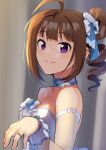  1girl ahoge bangs bare_shoulders blue_ribbon brown_hair choker closed_mouth commentary detached_sleeves dress drill_hair engagement_ring eyebrows_visible_through_hair frilled_choker frills from_side hair_ribbon idolmaster idolmaster_million_live! jewelry kamille_(vcx68) looking_at_viewer medium_hair purple_eyes ribbon ring side_drill side_ponytail sidelocks smile solo strapless strapless_dress upper_body white_choker white_dress white_sleeves yokoyama_nao 