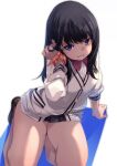  1girl bangs black_hair black_skirt blue_eyes breasts collared_shirt fu-ta gridman_universe grin highres long_hair long_sleeves looking_at_viewer medium_breasts microskirt orange_scrunchie red_legwear red_neckwear scrunchie shirt skirt smile solo ssss.gridman sweater takarada_rikka thick_thighs thighs white_shirt white_sweater wrist_scrunchie 