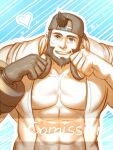  1boy backwards_hat bara baseball_cap beard black_hair blue_eyes commission dobito_mn facial_hair facial_mark hat headphones headphones_around_neck heart large_pectorals looking_at_viewer male_focus mature_male muscular muscular_male open_clothes open_shirt original paw_pose pectoral_cleavage pectorals shirt short_hair smile solo upper_body watermark white_shirt 