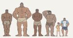  1girl 5boys abs arm_hair bara blue_shorts brown_shorts bulge chest_hair crossed_arms dark-skinned_male dark_skin denim denim_shorts dobito_mn facial_hair fangs full_body giant giant_male grin hairy height_difference highres large_pectorals leg_hair looking_at_viewer male_focus mature_male multiple_boys muscular muscular_male mustache navel navel_hair no_nipples orc original pectorals short_hair shorts sideburns size_difference smile standing stomach stubble thick_thighs thighs topless_male unfinished 